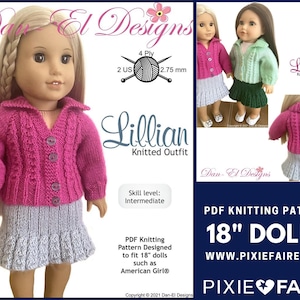 May include: Knitting pattern for an 18 inch doll outfit. The pattern is called "Lillian" and includes a pink cardigan and a light blue skirt. The pattern is designed for intermediate knitters and includes instructions for knitting the outfit for 18 inch dolls such as American Girl dolls. The pattern is available as a PDF download from Pixie Faire.