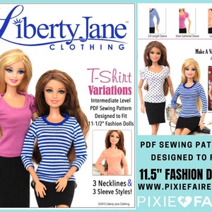 May include: A PDF sewing pattern for making T-shirts for 11.5 inch fashion dolls. The pattern includes three neckline and three sleeve variations. The image shows three dolls wearing different variations of the T-shirt pattern.