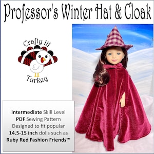 Puede incluir: Patrón de costura PDF para un gorro de invierno y una capa para muñecas de 37-38 cm. El patrón está diseñado para niveles de habilidad intermedios y presenta una capa de terciopelo rojo y un gorro a cuadros.