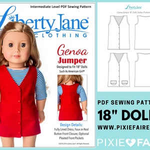 May include: PDF sewing pattern for an 18 inch doll jumper. The pattern is called "Genoa Jumper" and is designed to fit 18 inch dolls, such as American Girl dolls. The pattern includes instructions for a fully lined dress with a button front closure, optional pleated front pockets, and faux or real buttons. The pattern is available for download from www.pixiefaire.com.