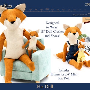 May include: A sewing pattern for an 18-inch doll, featuring a fox doll with a cream-colored body and orange fur. The pattern includes instructions for making clothes and shoes for the doll. The pattern also includes a smaller 6-inch fox doll pattern.