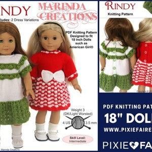 May include: Knitting pattern for 18 inch dolls, featuring two variations of a dress, one green and white striped and the other red and white. The pattern is designed for intermediate knitters and uses weight 3 yarn. The pattern is available on Pixie Faire.