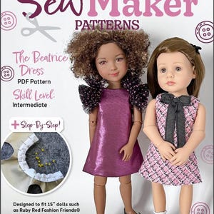 Könnte beinhalten: Ein Produktbild mit zwei Puppen in Kleidern. Die Puppe links trägt ein glänzendes magenta Kleid mit einem schwarz-weiß gerüschten Kragen. Die Puppe rechts trägt ein rosa-schwarz kariertes Kleid mit einer schwarzen Schleife. Der Text lautet: "Sew Maker Patterns" und "The Beatrice Dress".