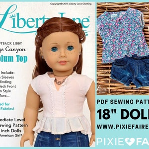 May include: PDF sewing pattern for making a peplum top for 18 inch dolls. The pattern includes instructions for raglan sleeves, neck binding, split neck front, peplum style, and more. The pattern is designed for woven fabrics. The image shows a doll wearing a white peplum top and denim shorts. The pattern is available on the website www.pixiefaire.com.