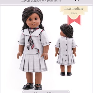 May include: A PDF sewing pattern for a doll dress with a nautical theme. The pattern is for an 18-inch doll and is labeled "Intermediate" and "KDD-35". The dress is grey with white stripes and has a sailor collar and a red plaid bow tie. The pattern is titled "Nautical Pleats".