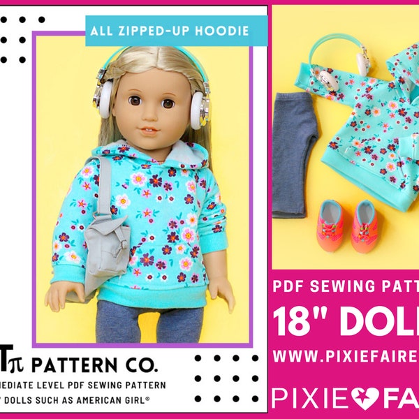 All Zipped Up Hoodie 18 inch Doll Clothes Pattern Fits Dolls such as American Girl® - QTπ Pattern Co - PDF - Pixie Faire