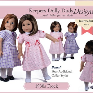 May include: A sewing pattern for a 1930s frock for dolls. The pattern includes four additional collar styles. The pattern is labeled "Keepers Dolly Duds Designs" and "Intermediate KDD-05".