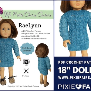 Może przedstawiać: Wzór na szydełku PDF do wykonania niebieskiej sukienki-swetra dla lalek o wysokości 45,7 cm. Wzór nosi nazwę RaeLynn i jest przeznaczony dla zaawansowanych szydełkowców. Wzór jest dostępny na Pixie Faire.