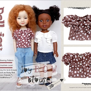 Può includere: Un modello di cucito per una blusa Joy Bow, progettato per bambole da 36,8-38,1 cm. L'immagine mostra due bambole che indossano la blusa, una marrone a pois bianchi e l'altra bianca. Il modello è di livello intermedio.