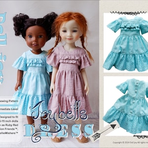 Może przedstawiać: Wzór szycia PDF na sukienkę dla lalki o nazwie "Joy Bells Dress". Wzór jest przeznaczony dla lalek o wysokości 14,5-15 cali. Na zdjęciu widać dwie lalki w sukienkach w różnych kolorach, niebieskim i różowym. Sukienka ma falbankę przy dekolcie i rękawach oraz wielowarstwową spódnicę.