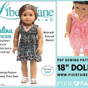 May include: PDF sewing pattern for an 18 inch doll dress called the Salina Dress. The pattern is designed to fit dolls like American Girl dolls. The pattern is easy to sew and works with knits and wovens. The image shows a doll wearing a black and white floral dress.