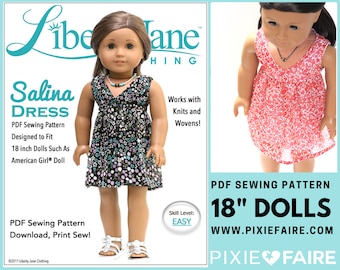 Salina Dress 18 inch Doll Clothes Pattern Fits Popular 18" Dolls - Liberty Jane - PDF - Pixie Faire