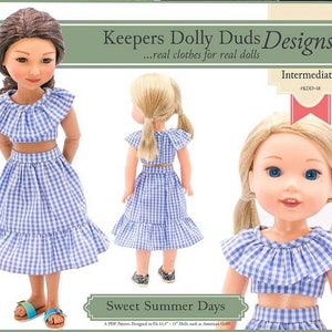 May include: A PDF pattern for a blue and white gingham doll outfit. The outfit includes a crop top with a ruffle collar and a skirt with a ruffle hem. The pattern is for 14.5" - 15" dolls. The pattern is labeled "Sweet Summer Days" and "Keepers Dolly Duds Designs".
