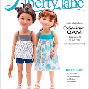 Peut inclure: Un patron de couture pour un top California Cami conçu pour les poupées de 38 cm. Le patron comprend deux styles de bretelles, deux longueurs de volants, un corsage en tricot et un volant tissé. Le patron est de la collection Malibu Libby de Liberty Jane.