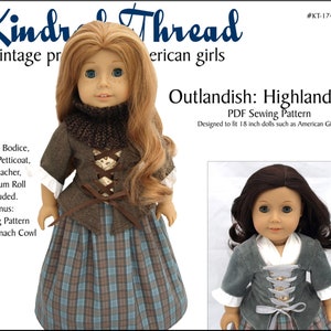 Puede incluir: Un patrón de costura PDF para un atuendo de muñeca Highland Lass. El patrón incluye un corpiño con peplum, una falda de tartán, un estomago y un rollo de trasero. El patrón está diseñado para muñecas de 45,7 cm. La imagen muestra una muñeca con el atuendo completo.