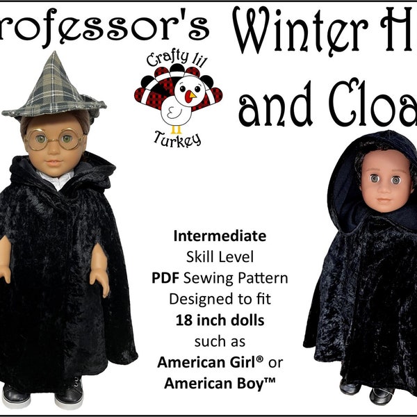 Professor's Winter Hat and Cloak 18 inch Doll Clothes Pattern Fits Dolls such as American Girl® - Crafty Lil Turkey -PDF- Pixie Faire