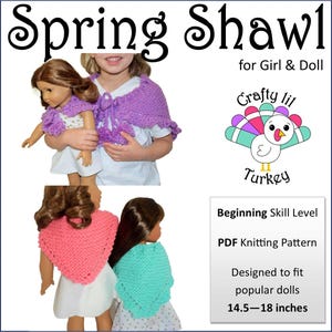 May include: PDF knitting pattern for a spring shawl, designed to fit dolls 14.5-18 inches. The pattern features a colourful turkey illustration and the text "Crafty lil Turkey".