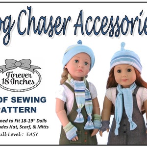 May include: PDF sewing pattern for Fog Chaser Accessories for 18-19 inch dolls. The pattern includes a hat, scarf, and mitts. Skill level: Easy.