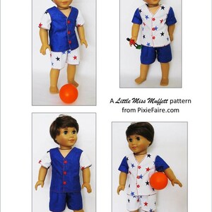 May include: A Little Miss Muffet pattern for a doll outfit. The outfit is blue and white with red stars. The doll is holding a ball.