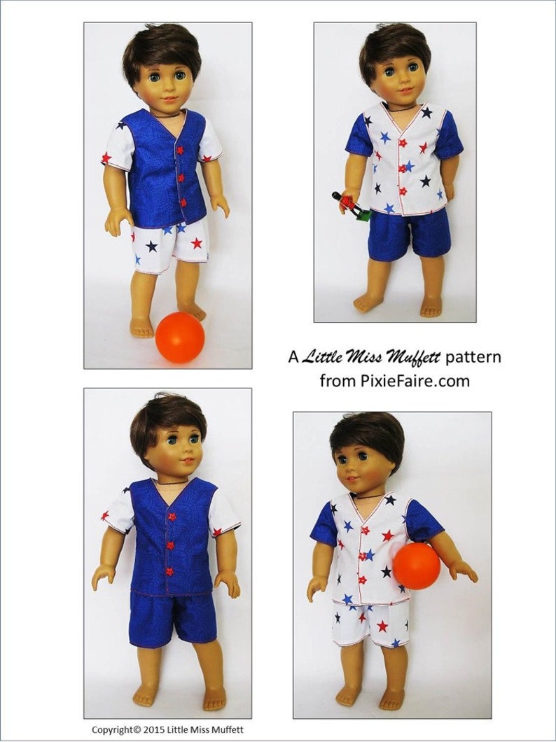 May include: A Little Miss Muffet pattern for a doll outfit. The outfit is blue and white with red stars. The doll is holding a ball.