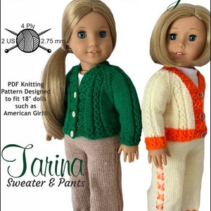 May include: Knitting pattern for a green and cream sweater and pants set for an 18-inch doll. The pattern is designed for intermediate knitters and includes instructions for a green sweater with a cable stitch pattern and cream pants with a lace trim. The pattern is called "Tarina Sweater & Pants" and is by Dan-El Designs.