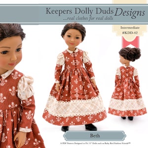 May include: A PDF sewing pattern for a doll dress, called "Beth", designed for 15-inch dolls. The dress is a long, brown dress with a white floral print and a white lace trim. The pattern is labeled "Keepers Dolly Duds Designs" and "#KDD-42".