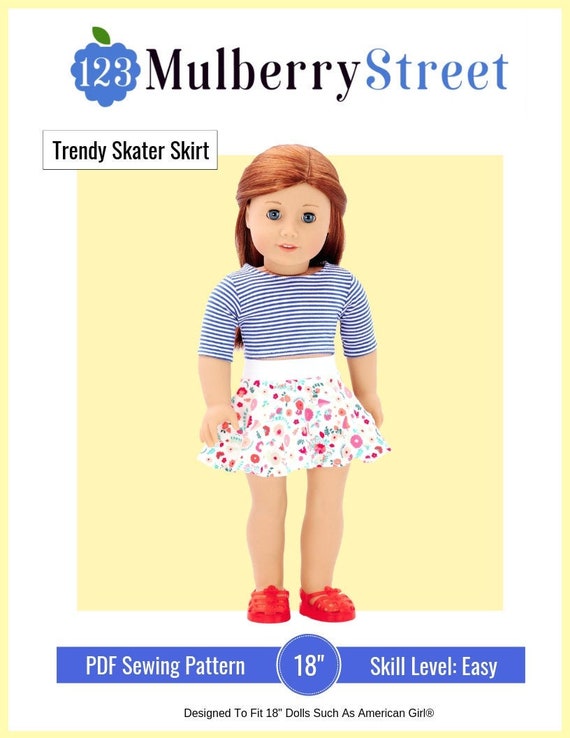 Trendy Skater Skirt 18 inch Doll Clothes Pattern Fits Popular 18" Dolls - 123 Mulberry Street - PDF - Pixie Faire
