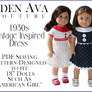 May include: PDF sewing pattern for a 1930s vintage inspired dress to fit 18 inch dolls, such as American Girl dolls. The pattern is shown on two dolls wearing the dress in different fabrics. One doll is wearing a white dress with red trim and red polka dots, and the other doll is wearing a navy blue dress with white polka dots.