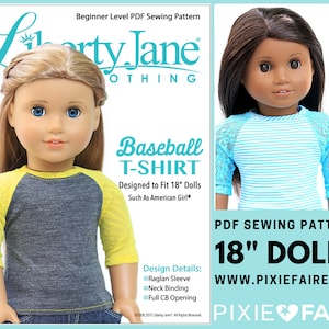 May include: PDF sewing pattern for making a baseball t-shirt for 18 inch dolls. The pattern is designed to fit dolls like American Girl. The pattern includes instructions for a raglan sleeve, neck binding, and full back opening. The pattern is available on the website www.pixiefaire.com.