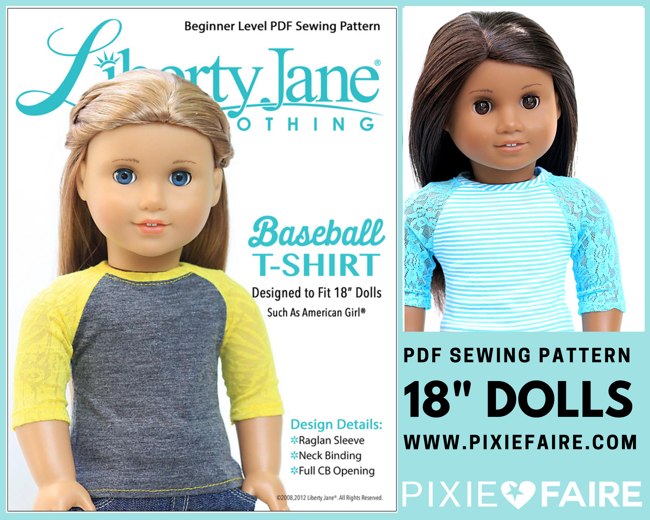 Baseball T-shirt 18 inch Doll Clothes Pattern Fits Popular 18" Dolls - Liberty Jane - PDF - Pixie Faire