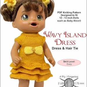 May include: A knitting pattern for a yellow dress and hair tie for 12-13 inch dolls. The pattern is called "Wavy Island Dress" and is designed to be easy to knit. The pattern is written in English and includes instructions for using 2 US size needles (2.75 mm) and 4 ply fingering weight yarn.
