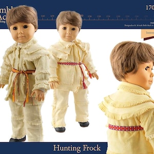 May include: A PDF sewing pattern for a hunting frock for 18 inch dolls. The pattern is designed for intermediate sewers. The pattern includes instructions and diagrams for making the frock. The frock is a long, loose-fitting garment with a high collar and a belt. The pattern is available in a digital format.