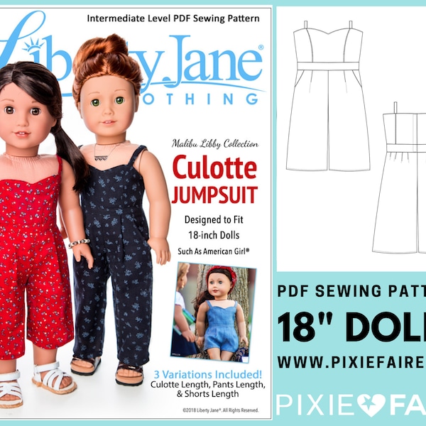 Culotte Jumpsuit 18 inch Doll Clothes Pattern Fits Dolls such as American Girl® - Liberty Jane - PDF - Pixie Faire
