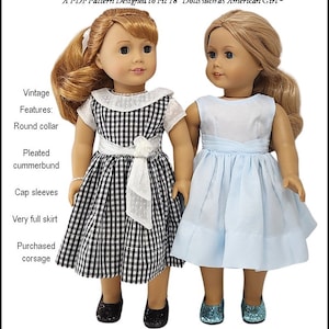 May include: Two dolls wearing handmade dresses. One doll is in a black and white checkered dress with a white bow. The other doll is in a light blue dress. The text on the image reads "Frog Princess Fashions Cotillion Club Gown".