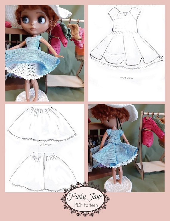 Miss Audrey Dress and Petticoat 12 Inch Doll Clothes Crochet Pattern Fits 12  Blythe™ Dolls Pinku Jane PDF Pixie Faire 