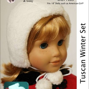 May include: A PDF sewing pattern for a Tuscan Winter Set for 18 inch dolls. The set includes a white hat with a pom pom, a white scarf with pom poms, and white mittens. The pattern is labeled "Easy Plus".