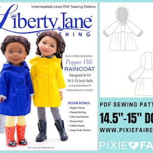 Puede incluir: Un patrón de costura PDF para un impermeable diseñado para muñecas de 14,5-15 pulgadas. El patrón incluye mangas raglán, falda plisada, interior completamente forrado, capucha espaciosa, mangas con puños y broches debajo de los botones. El patrón se llama "Pepper Hill Raincoat" y es de Liberty Jane Clothing.