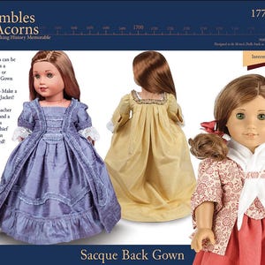 Jurk met sacque-achterkant en pet en l'ier 18 inch poppenkledingpatroon past bij populaire poppen van 18 inch - vingerhoeden en eikels - pdf - Pixie Faire