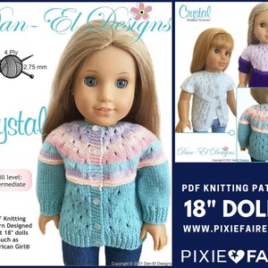 May include: PDF knitting pattern for 18 inch dolls, called "Crystal" by Dan-El Designs. The pattern features a blue, pink, and purple striped sweater with a lacy design. The pattern is available on the website www.pixiefaire.com.