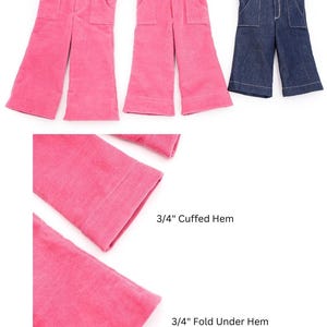 May include: Three pairs of wide-leg pants in different lengths: full length, ankle length, and crop length. The full length and ankle length pants are pink corduroy, while the crop length pants are blue denim. The image also shows a close-up of the hem of the pink corduroy pants, with two different hem styles: a 3/4" cuffed hem and a 3/4" fold under hem.