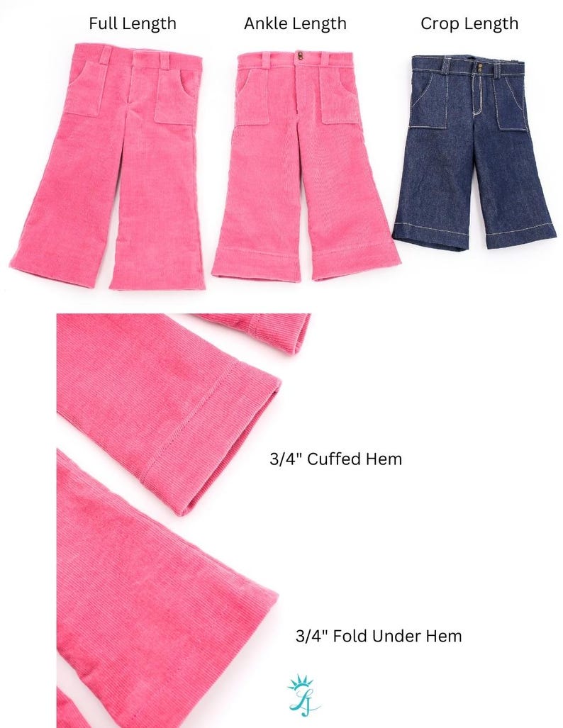 May include: Three pairs of wide-leg pants in different lengths: full length, ankle length, and crop length. The full length and ankle length pants are pink corduroy, while the crop length pants are blue denim. The image also shows a close-up of the hem of the pink corduroy pants, with two different hem styles: a 3/4" cuffed hem and a 3/4" fold under hem.