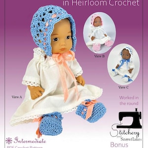 May include: A PDF crochet pattern titled Dressing Baby in Heirloom Crochet for 7.75 inch baby dolls. The cover features a doll wearing a blue crocheted bonnet and booties with peach ribbons, plus two smaller circular insets showing alternate views.