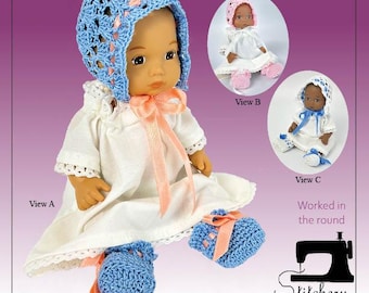 Dressing Baby... in Heirloom Crochet Doll Clothes Pattern for 8" Baby Dolls - Stitchery and Snowflakes - PDF - Pixie Faire