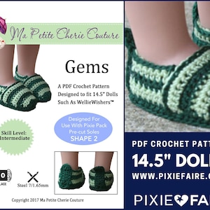 May include: A PDF crochet pattern for 36.8 cm dolls, featuring green and light green striped slippers. The pattern is designed for intermediate skill level and includes pre-cut soles. The image text says "Gems" and "Ma Petite Cherie Couture".