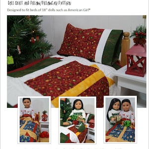 Puede incluir: Un patrón de edredón, almohada y funda de almohada para muñecas de 45 cm con temática navideña. El patrón presenta un esquema de color rojo y verde con un diseño festivo. El patrón se titula "Regalos de Navidad" y está diseñado por Ladybug Doll Quilts. El patrón está disponible para descargar en PDF e incluye instrucciones paso a paso.