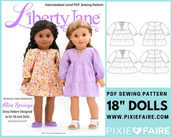 Alice Springs Dress 18 inch Doll Clothes Pattern Fits Popular 18" Dolls - Liberty Jane - PDF - Pixie Faire