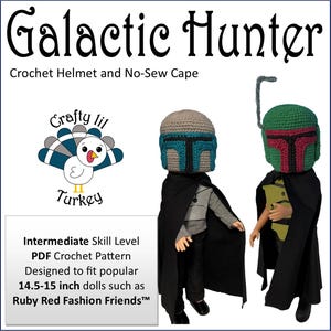 Puede incluir: Patrón de crochet PDF para un disfraz de Cazador Galáctico para muñecas de 36,8 a 38,1 cm. El patrón incluye instrucciones para un casco de crochet y una capa sin costura. El patrón está diseñado para un nivel de habilidad intermedio.