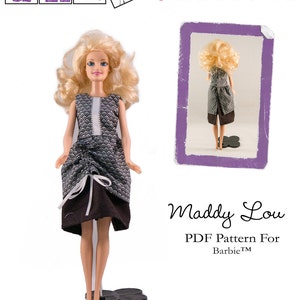 May include: A black and white patterned dress with a black skirt and a white bow. The dress is on a doll stand. The image also includes the text "Maddy Lou PDF Pattern For Barbie™".