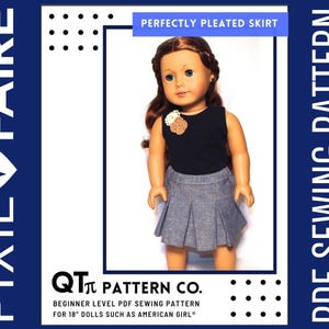 May include: A doll in a black top and a grey pleated skirt. The image features the text "Perfectly Pleated Skirt" and "PDF Sewing Pattern". The text "Pixie Faire" and "QT Pattern Co." are also visible.