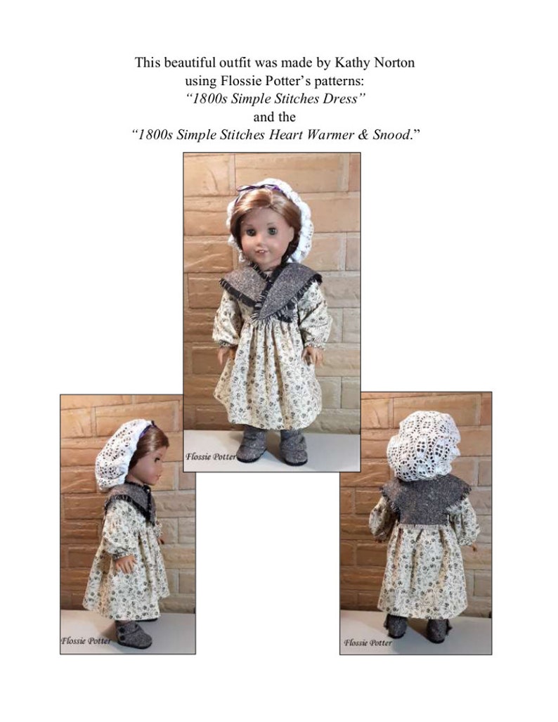 May include: A doll wearing a white dress with floral print, a brown shawl, and a white bonnet. The doll is wearing grey boots. The doll is standing on a brick background. The image includes the text "Flossie Potter".